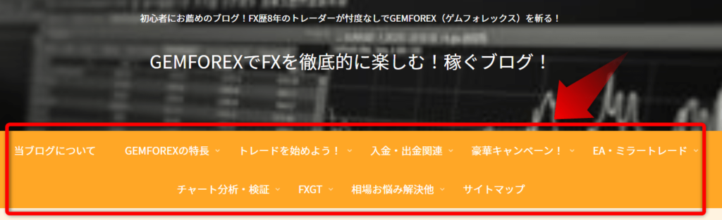 「GEMFOREXでFXを徹底的に楽しむ！稼ぐブログ！」の上部メニューバー