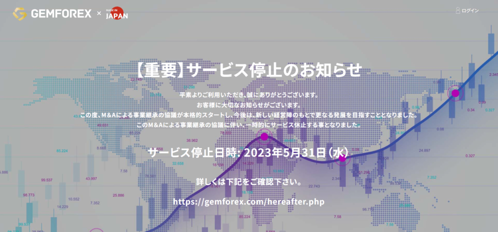 【GEMFOREX公式サイト】サービス停止のお知らせの画面